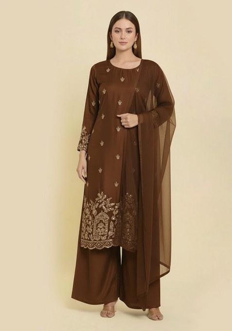 Brown Embroidered Crepe Straight Kurta Set