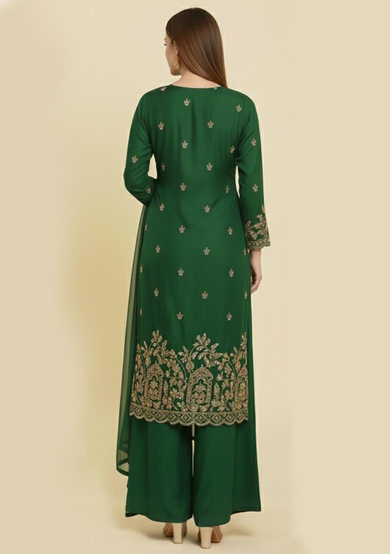 Dark Green Embroidered Crepe Kurta Set - Indya