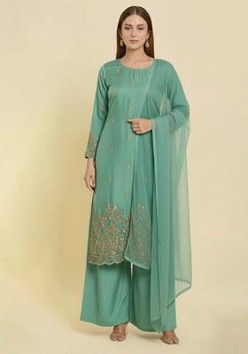Aqua Blue Embroidered Crepe Kurta Set