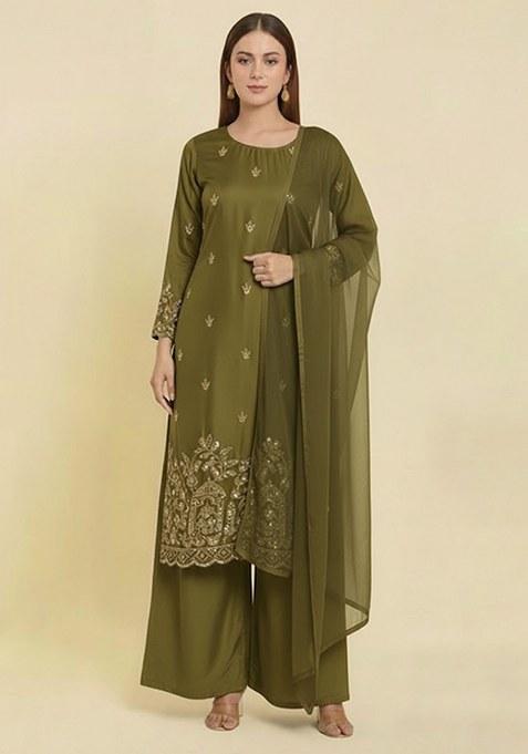 Olive Green Embroidered Crepe Straight Kurta Set
