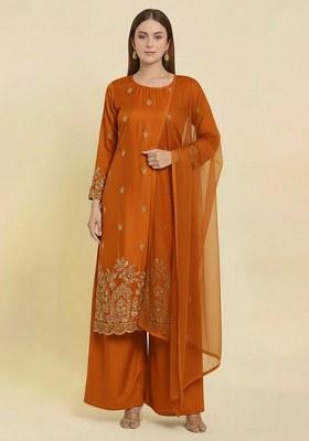Rust Embroidered Crepe Kurta Set