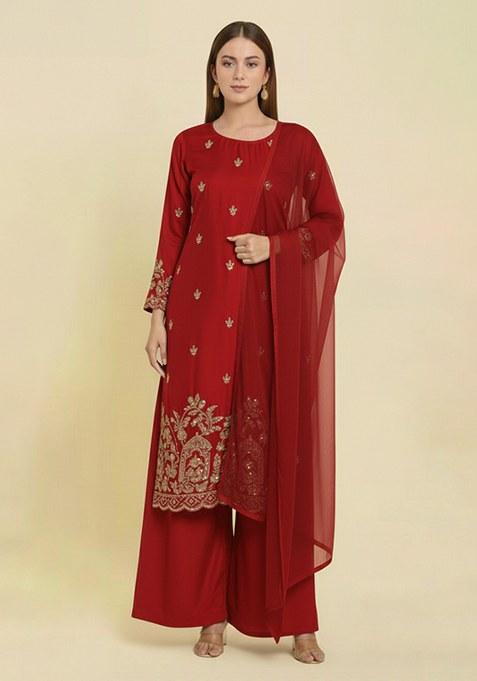 Red Embroidered Crepe Straight Kurta Set