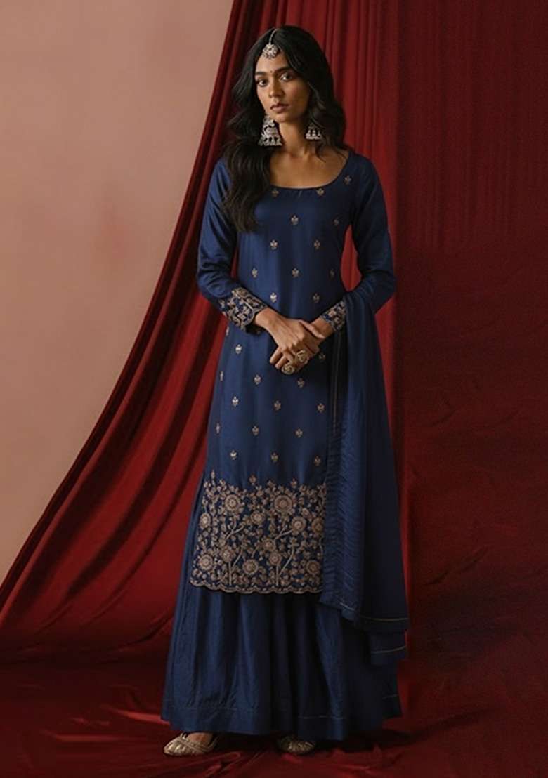 Navy Blue Embroidered Silk Sharara Set - Indya