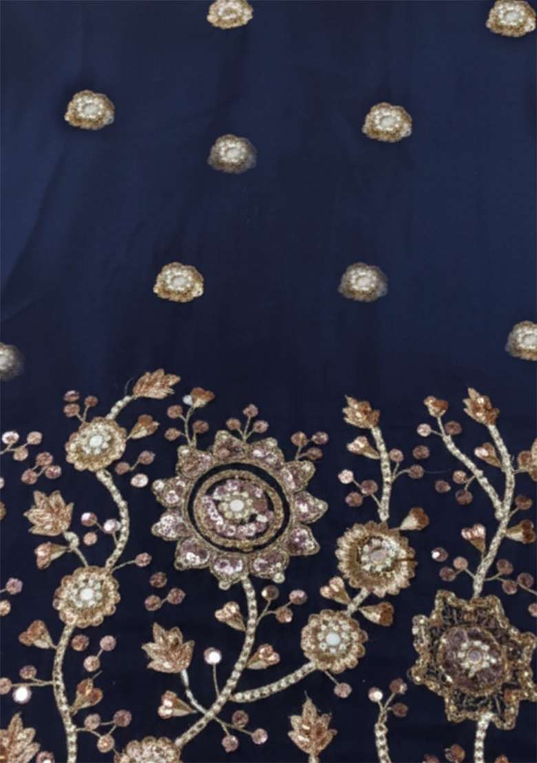 Navy Blue Embroidered Silk Sharara Set - Indya