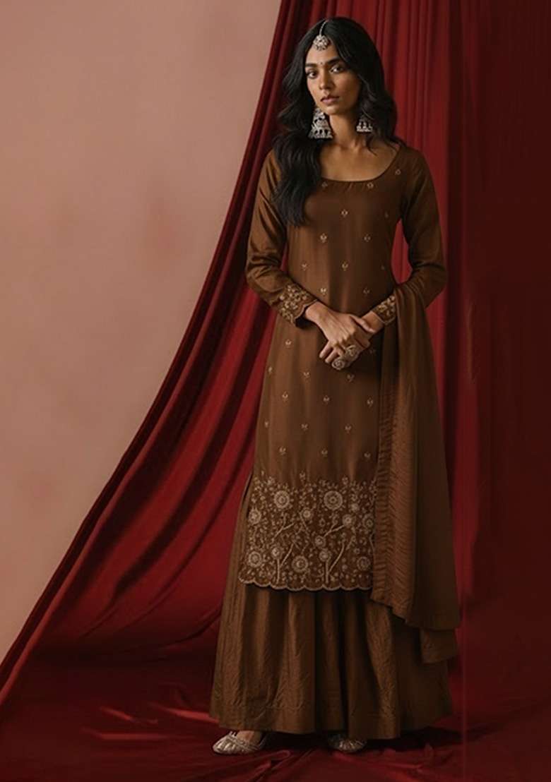 Brown Embroidered Silk Sharara Set - Indya