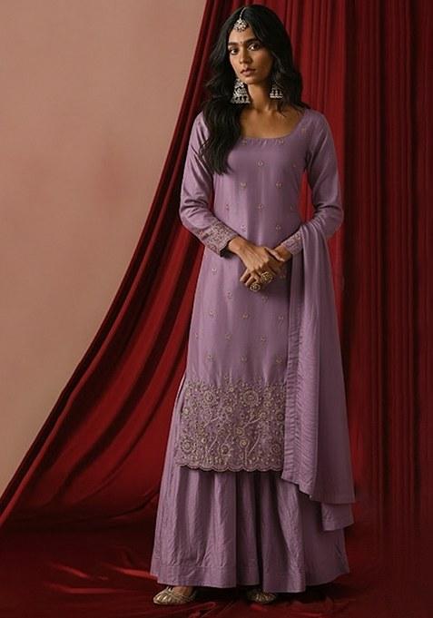Lavender Embroidered Silk Sharara Set