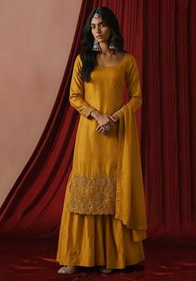 Mustard Embroidered Silk Sharara Set