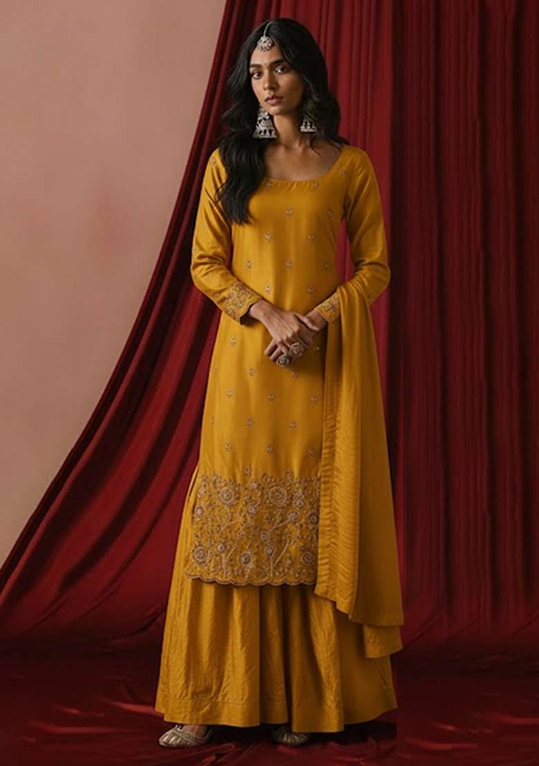 Mustard Embroidered Silk Sharara Set - Indya