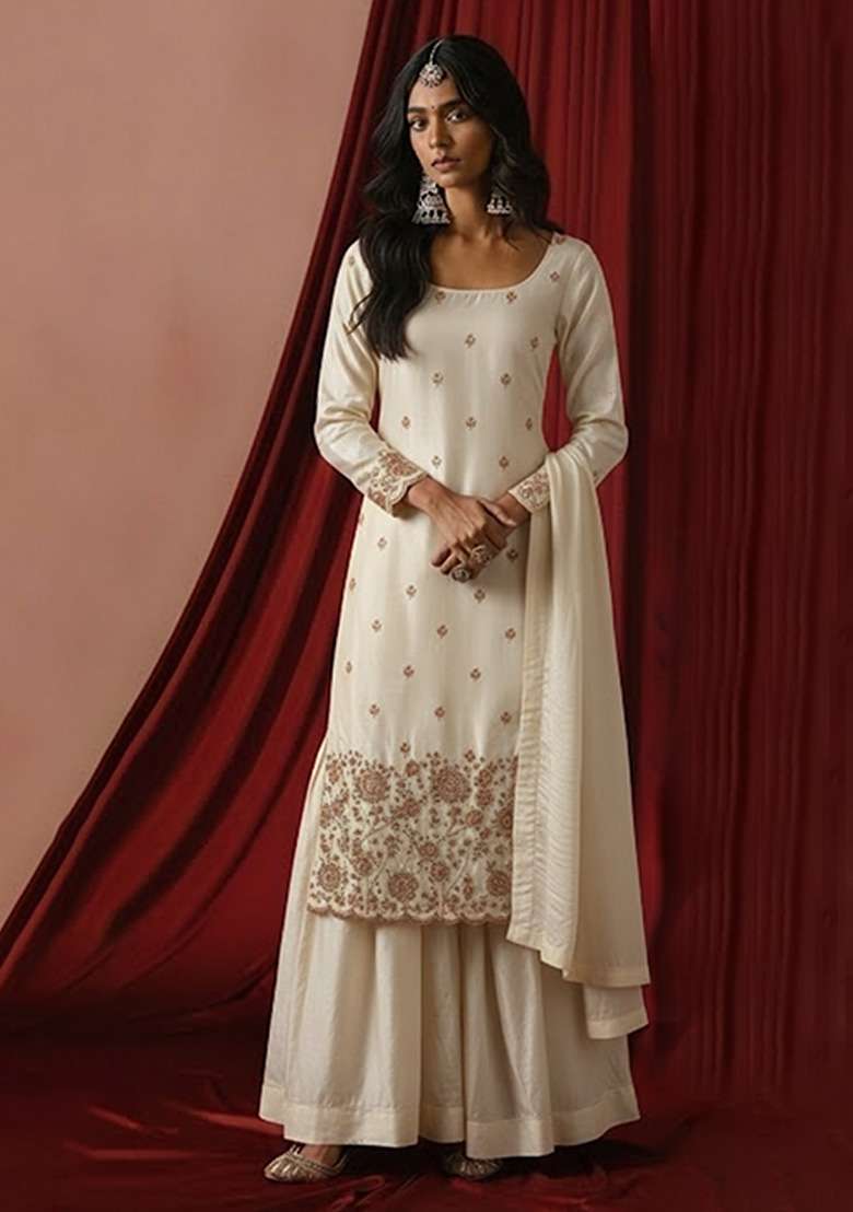 Off White Embroidered Silk Sharara Set - Indya