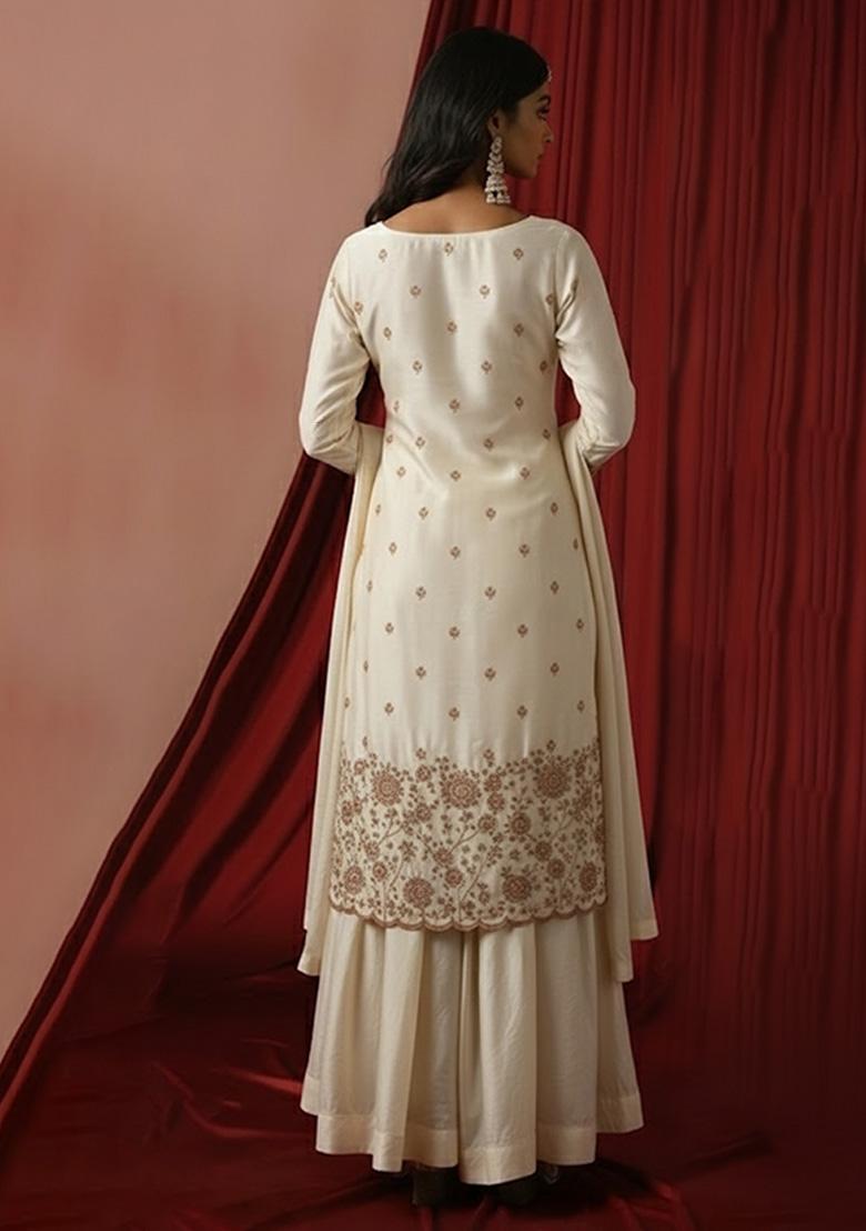 Off White Embroidered Silk Sharara Set - Indya