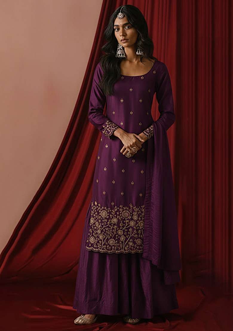Purple Embroidered Silk Sharara Set - Indya