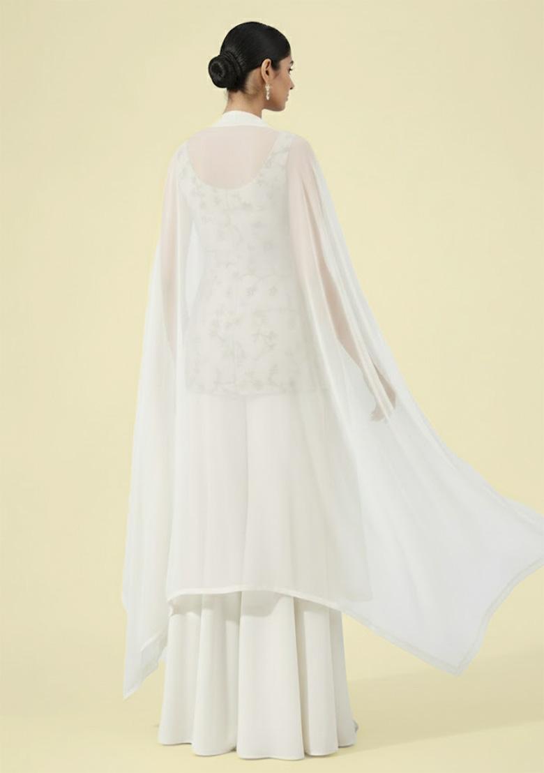 Ivory Embroidered Crepe Sharara Set - Indya