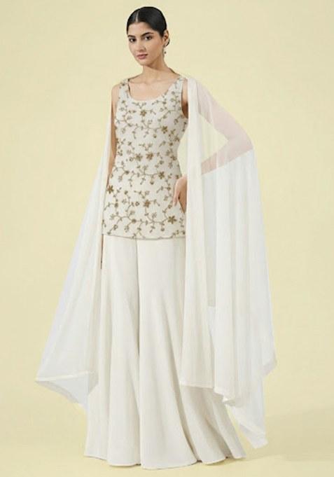 Ivory Embroidered Crepe Sharara Set