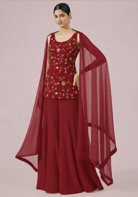 Deep Red Embroidered Crepe Sharara Set