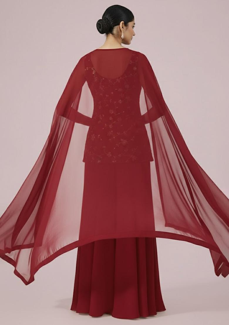 Deep Red Embroidered Crepe Sharara Set - Indya