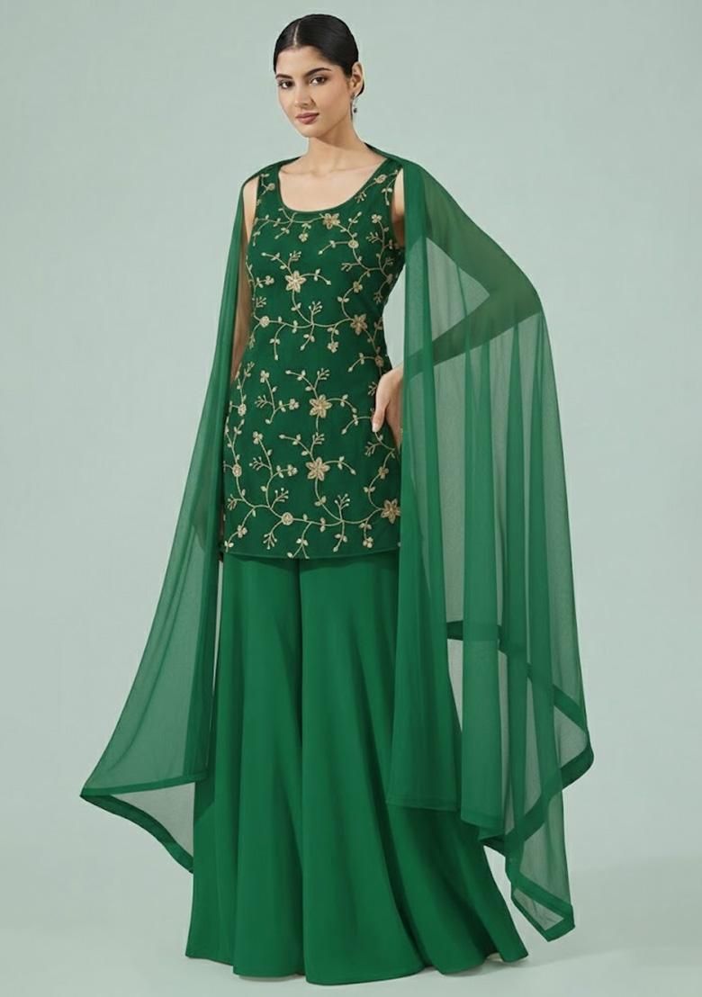 Dark Green Embroidered Crepe Sharara Set - Indya
