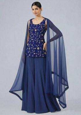Navy Blue Embroidered Crepe Sharara Set