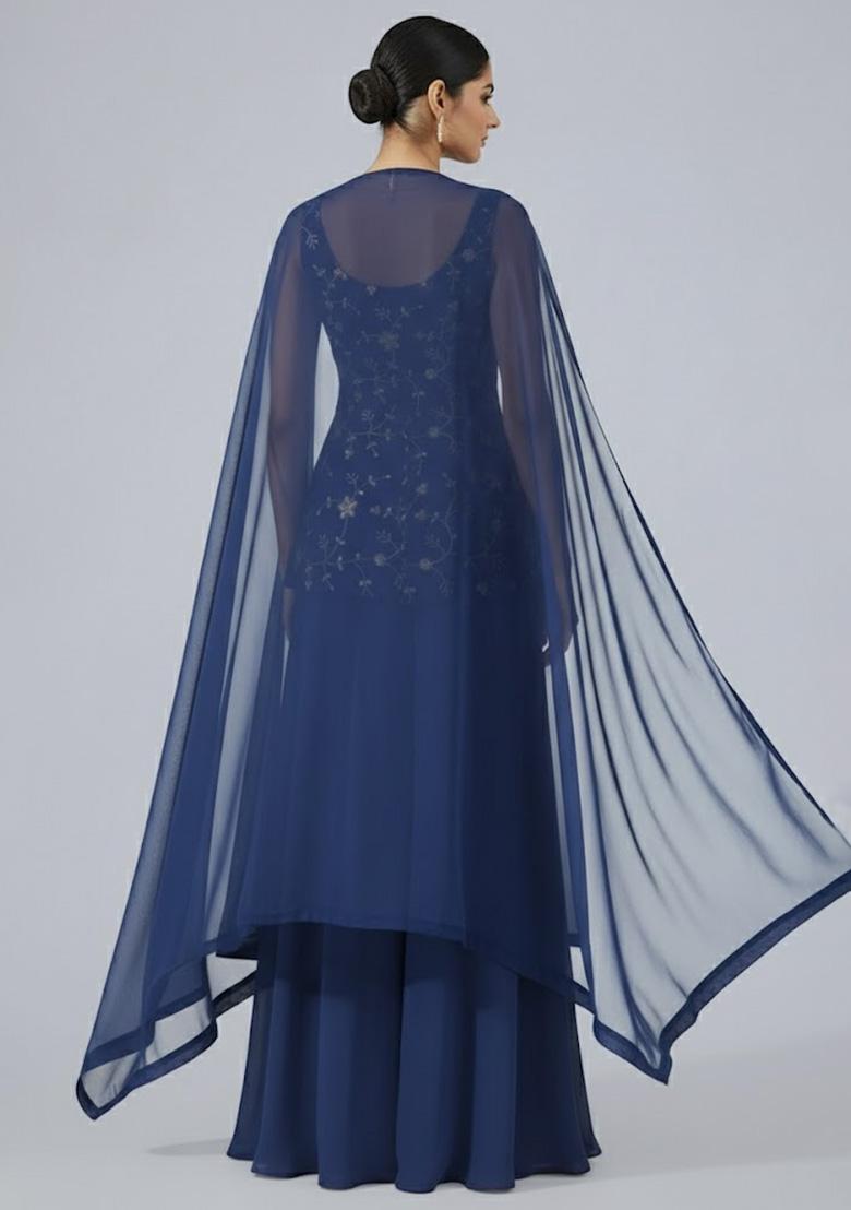 Navy Blue Embroidered Crepe Sharara Set - Indya
