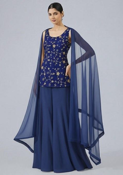 Navy Blue Embroidered Crepe Sharara Set