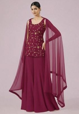 Wine Embroidered Crepe Sharara Set