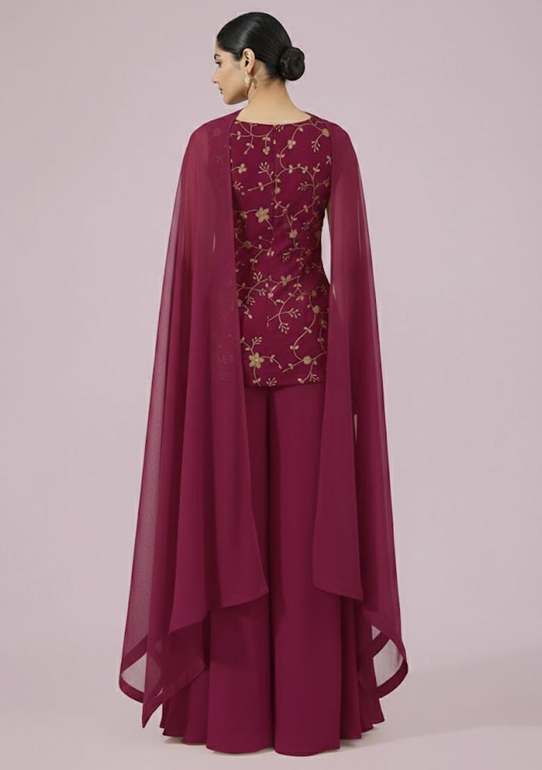 Wine Embroidered Crepe Sharara Set - Indya