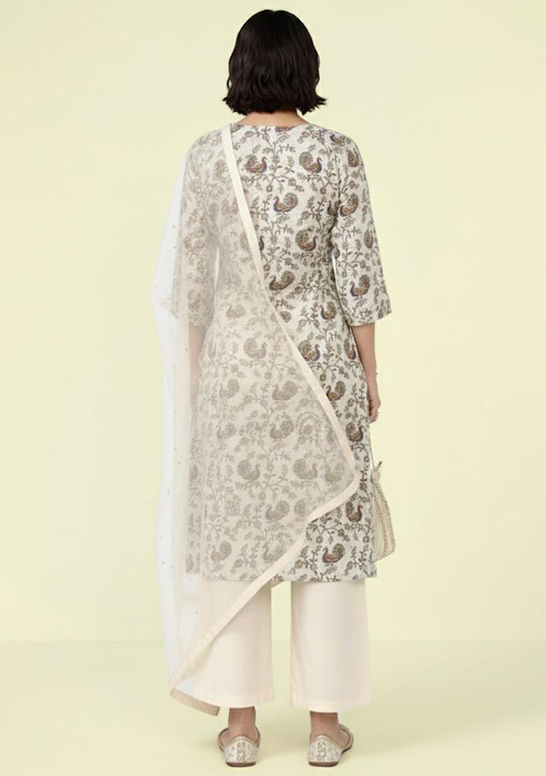 Off White Figure Print Crepe Kurta Set - Indya