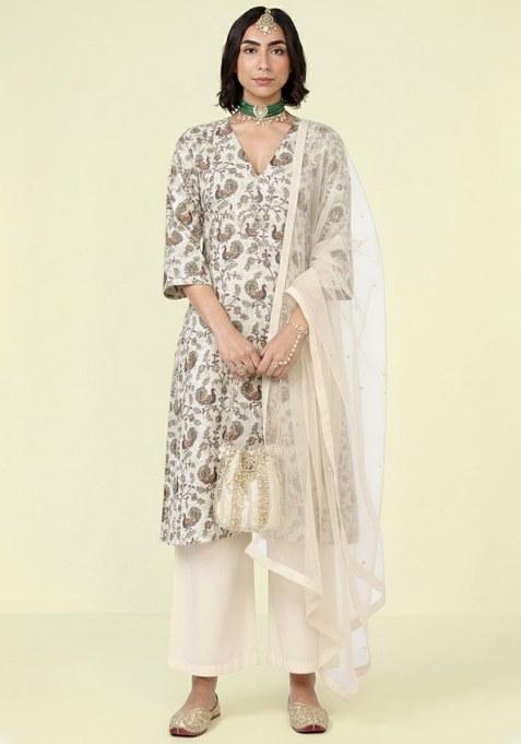 Off White Printed Crepe Straight Kurta Set