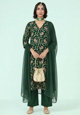 Forest Green Figure Print Crepe Kurta Set
