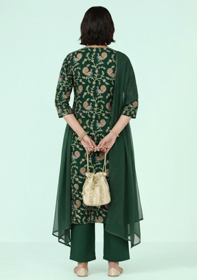 Forest Green Figure Print Crepe Kurta Set - Indya