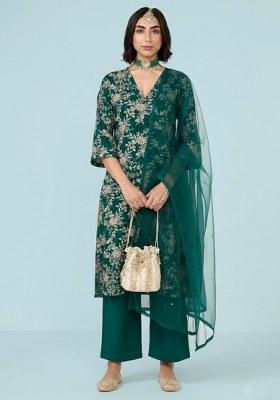 Emerald Green Embroidered Crepe Kurta Set