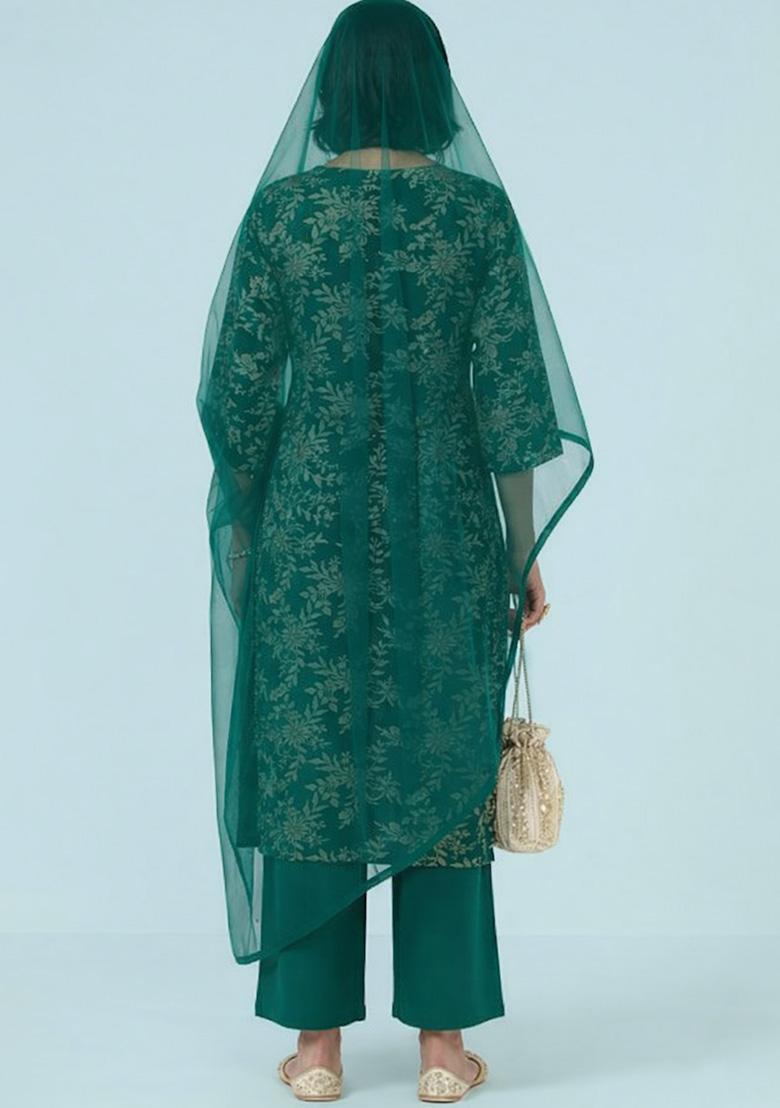 Emerald Green Embroidered Crepe Kurta Set - Indya
