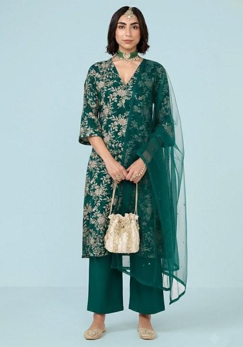 Emerald Green Embroidered Crepe Straight Kurta Set