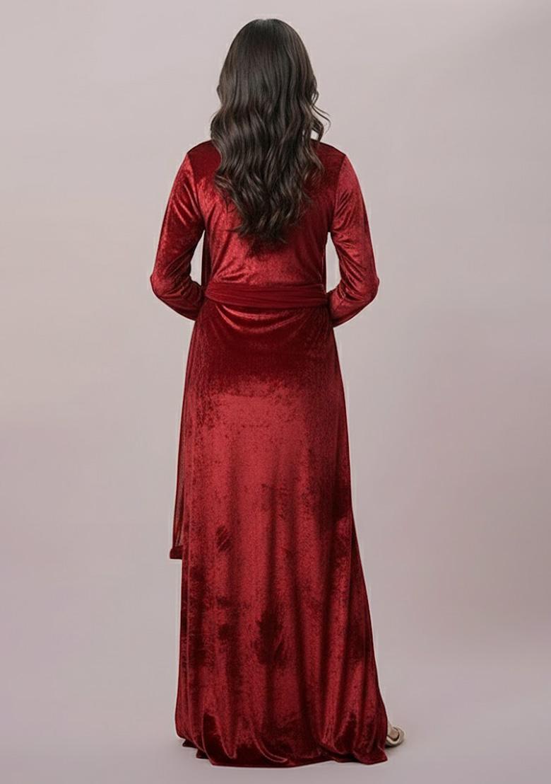 Red Solid Velvet Fusion Set - Indya