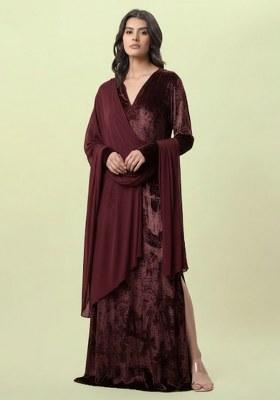 Deep Maroon Solid Velvet Fusion Set