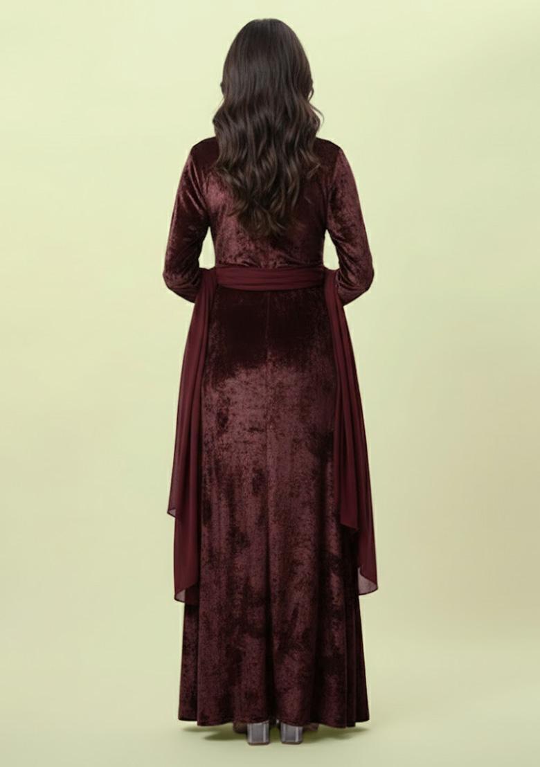 Deep Maroon Solid Velvet Fusion Set - Indya