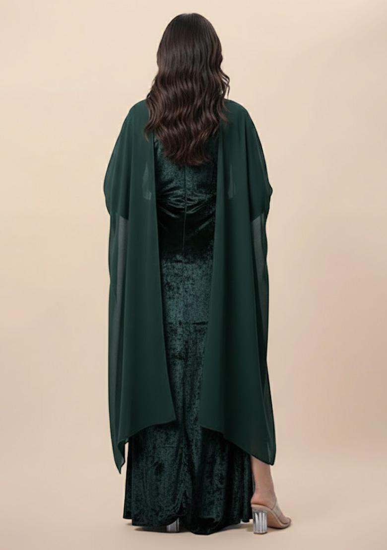 Deep Forest Green Solid Velvet Fusion Set - Indya