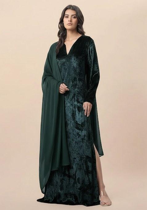 Deep Forest Green Solid Velvet Fusion Set