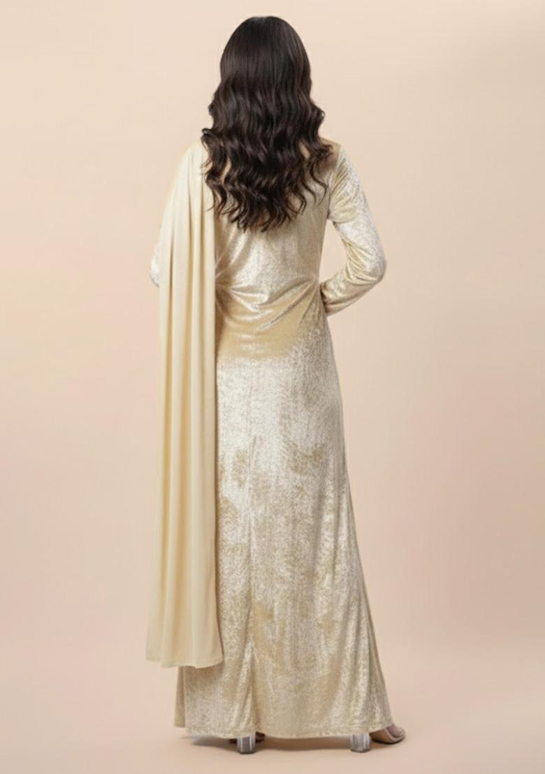Light Beige Solid Velvet Fusion Set - Indya