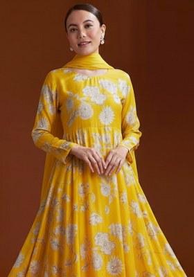 Yellow Floral Print Chinon Anarkali Set