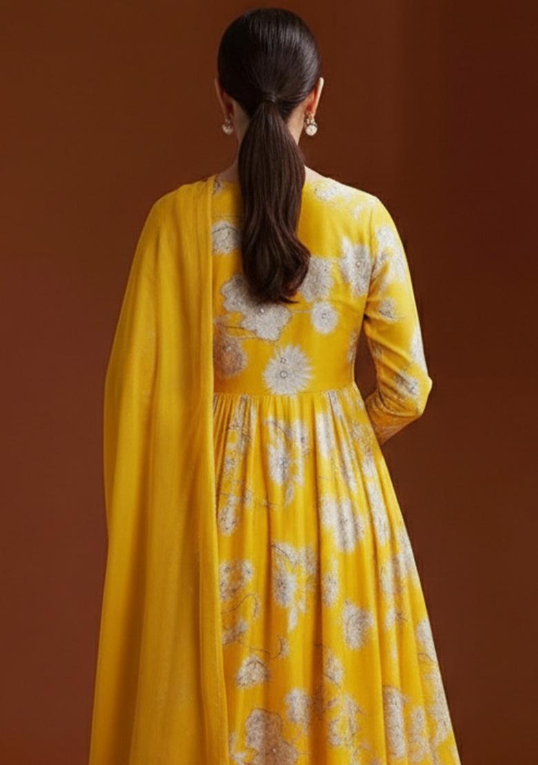 Yellow Floral Print Chinon Anarkali Set - Indya