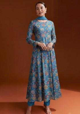 Teal Blue Floral Print Chinon Anarkali Set