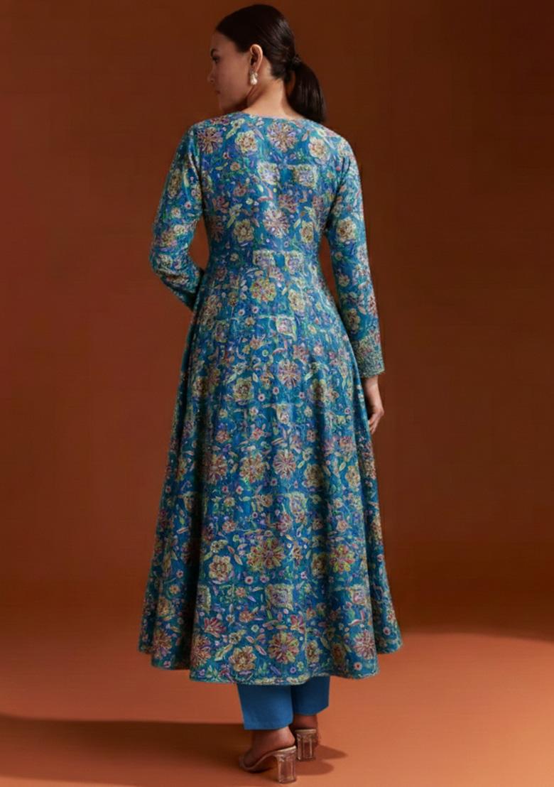 Teal Blue Floral Print Chinon Anarkali Set - Indya