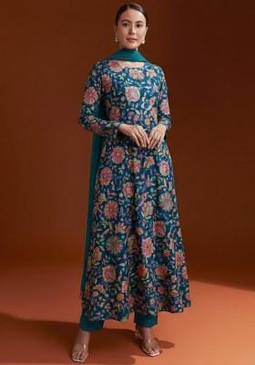Teal Blue Floral Print Chinon Anarkali Set