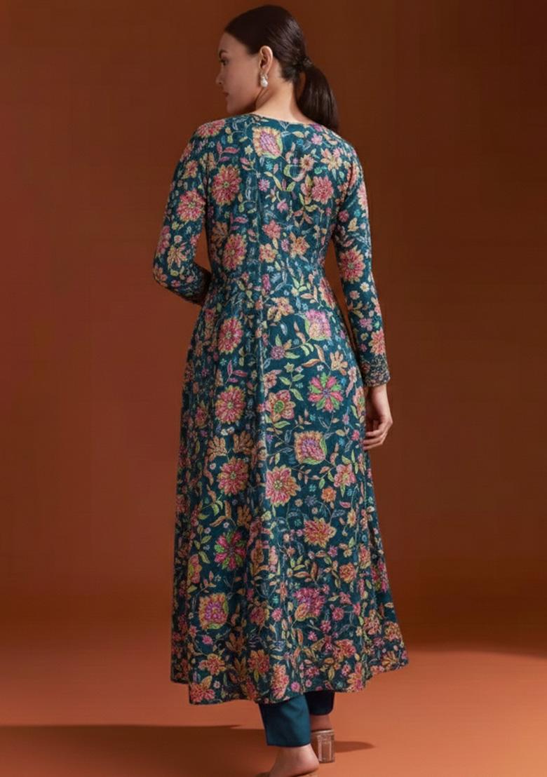 Teal Blue Floral Print Chinon Anarkali Set - Indya