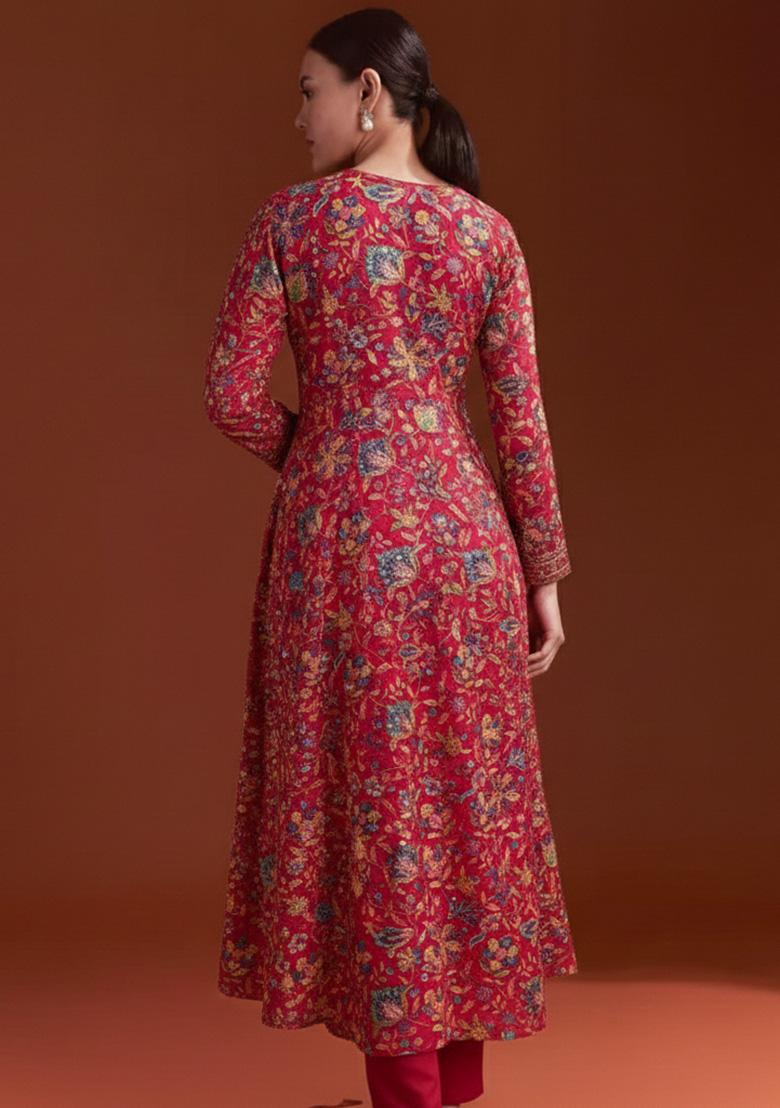 Pink Floral Print Chinon Anarkali Set - Indya