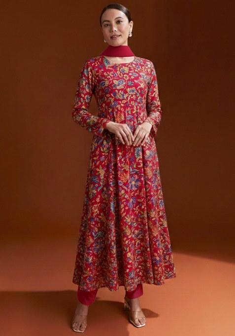 Pink Floral Print Chinon Anarkali Set