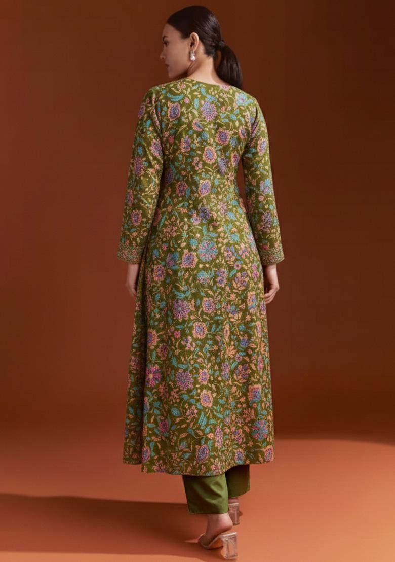 Olive Green Floral Print Chinon Anarkali Set - Indya