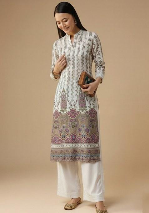 Ivory Printed Crepe Straight Kurta Set