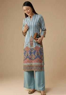 Powder Blue Embroidered Crepe Kurta Set