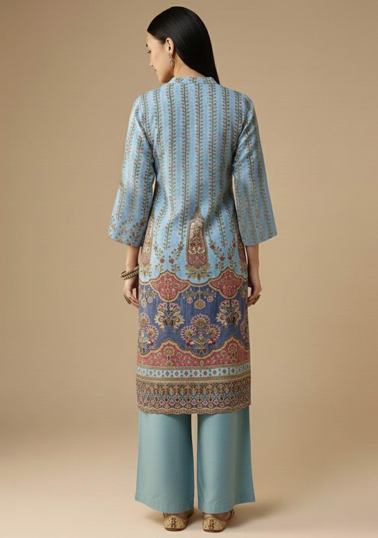 Powder Blue Embroidered Crepe Kurta Set - Indya